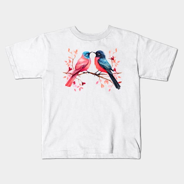 Valentine Kissing Greater Racket Tailed Drongo Bird Couple Kids T-Shirt by Chromatic Fusion Studio